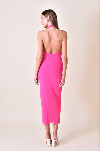 mesh mock neck halter maxi dress