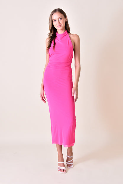 mesh mock neck halter maxi dress