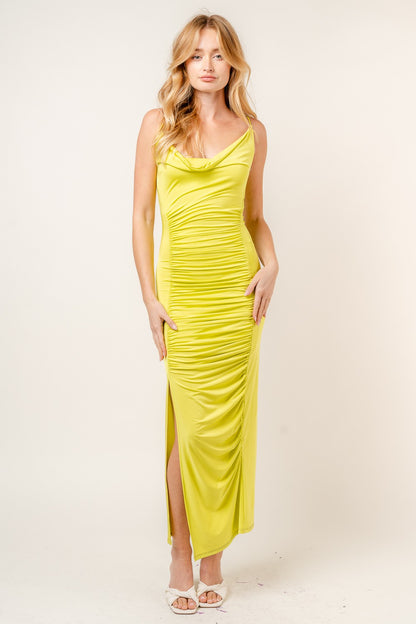 sleeveless cowl neck ruched maxi dress