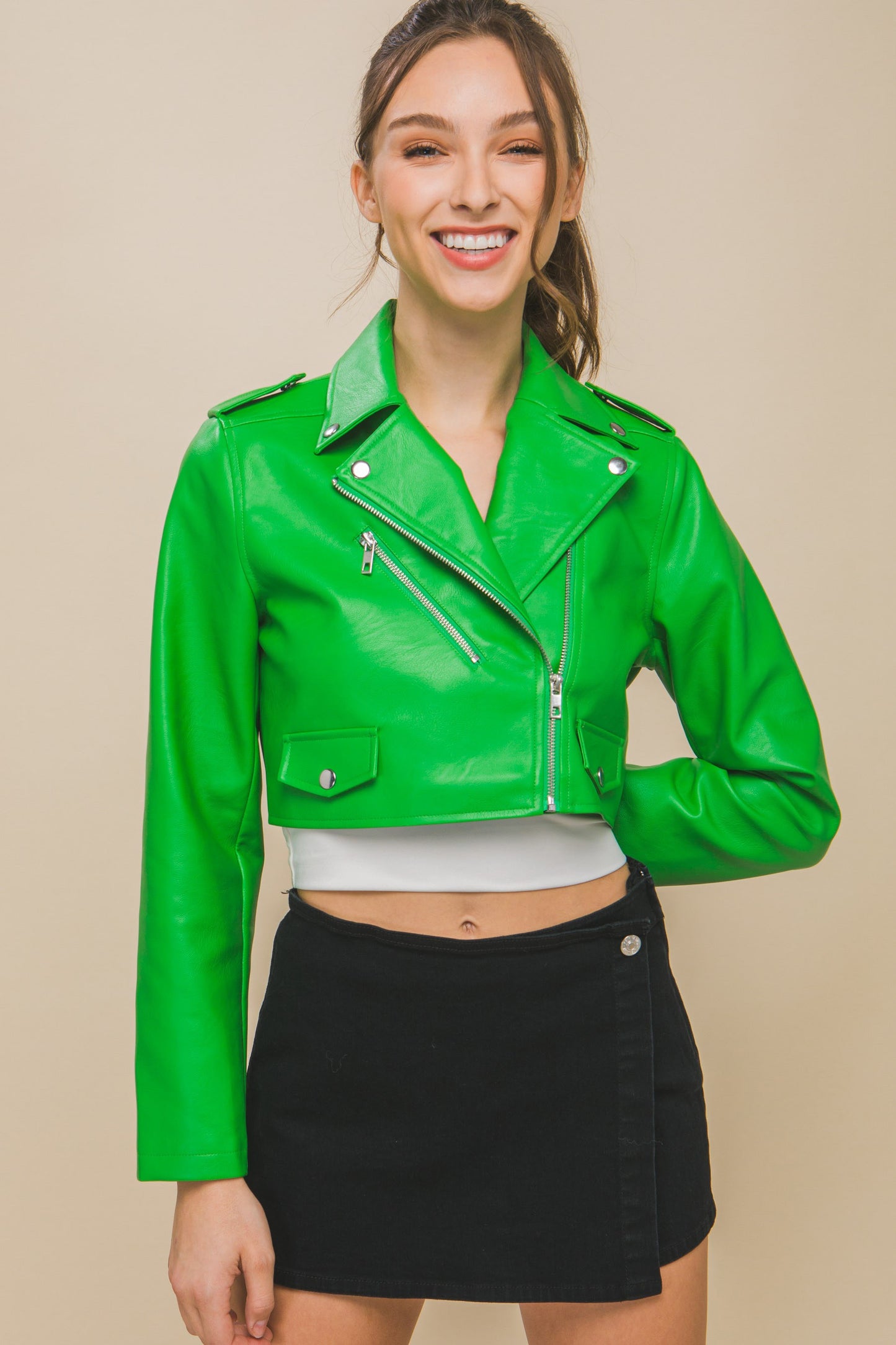 PU Faux Leather Moto Crop Jacket