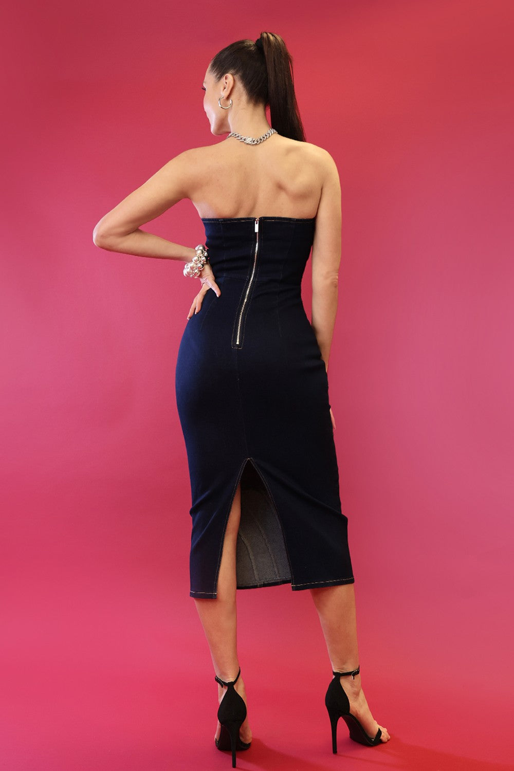 diagonal seamed strapless denim midi dress