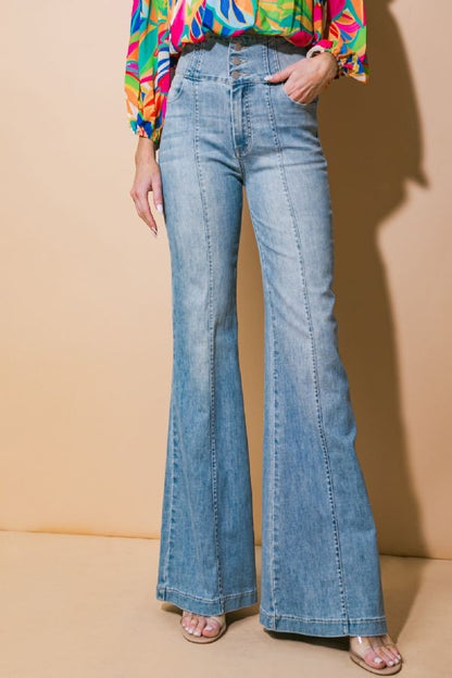 retro high waist 3 button wide waist flare jean