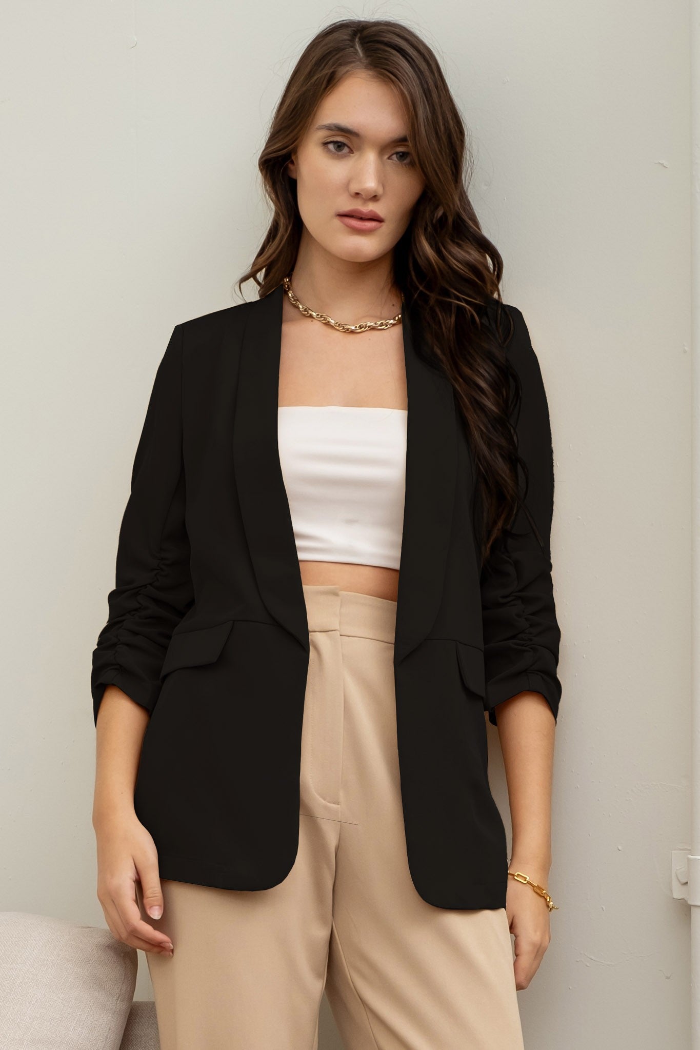 ruched 3/4 sleeve blazer