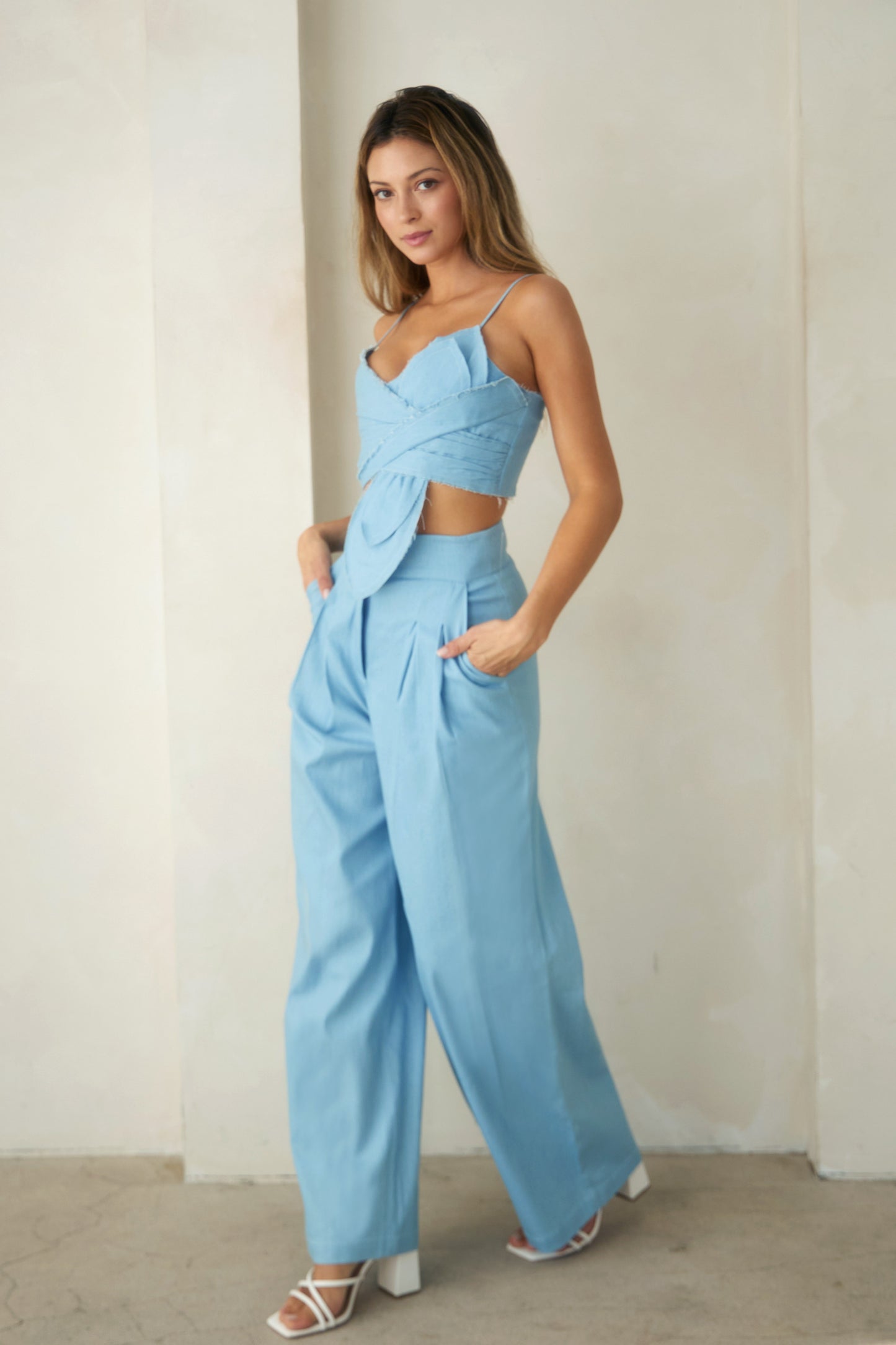 Denim pleated wide leg trousers