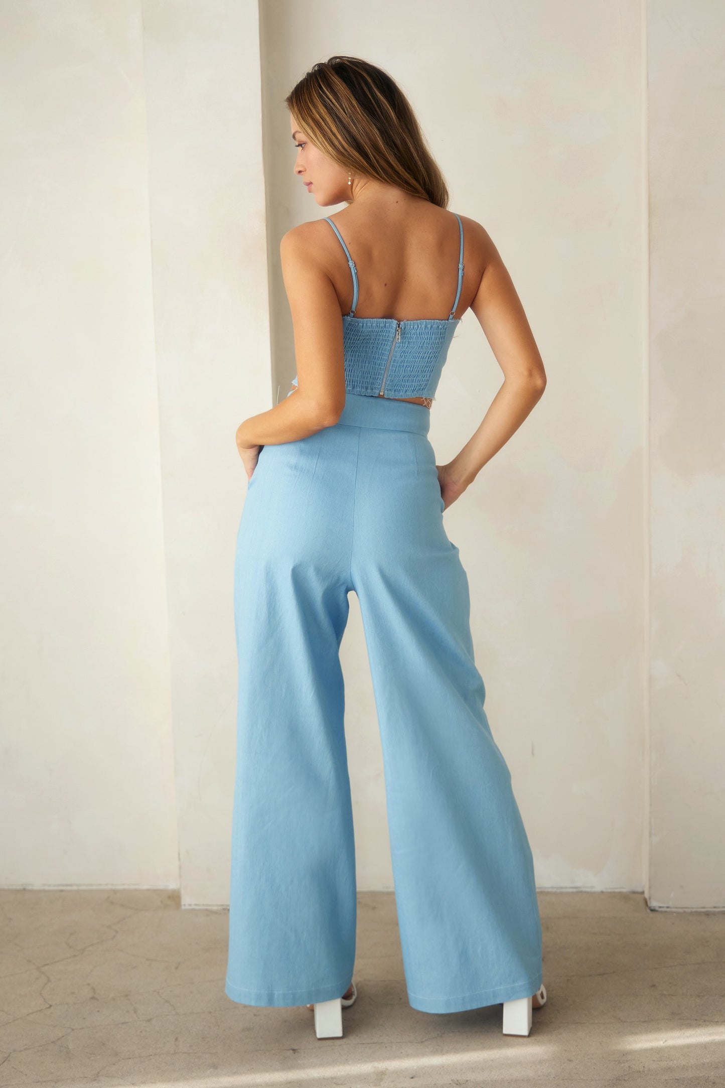 Denim pleated wide leg trousers