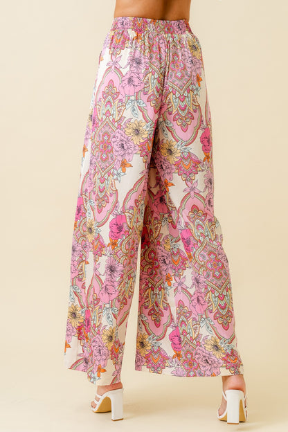 satin floral scarf print wide leg pants