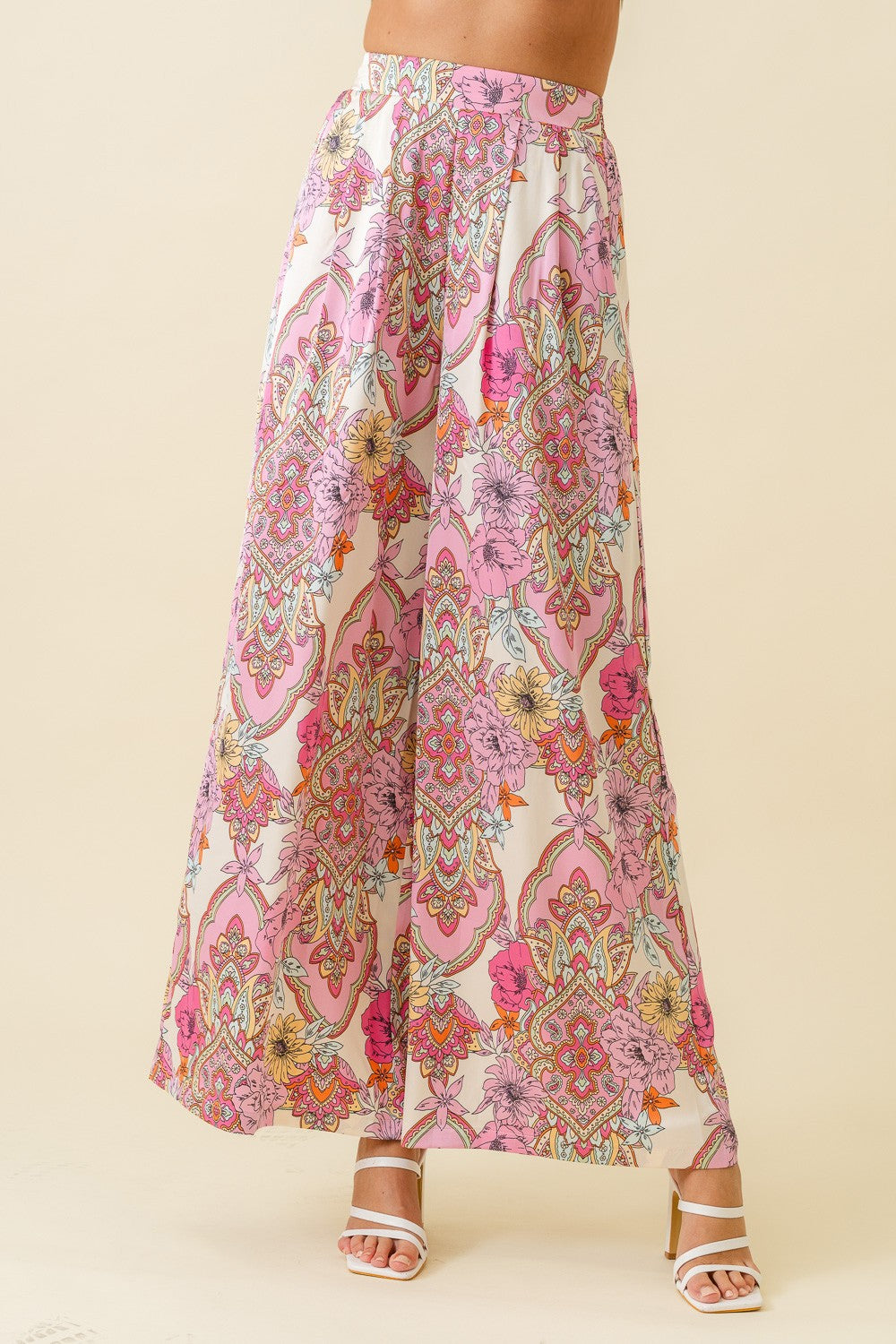 satin floral scarf print wide leg pants