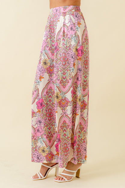 satin floral scarf print wide leg pants