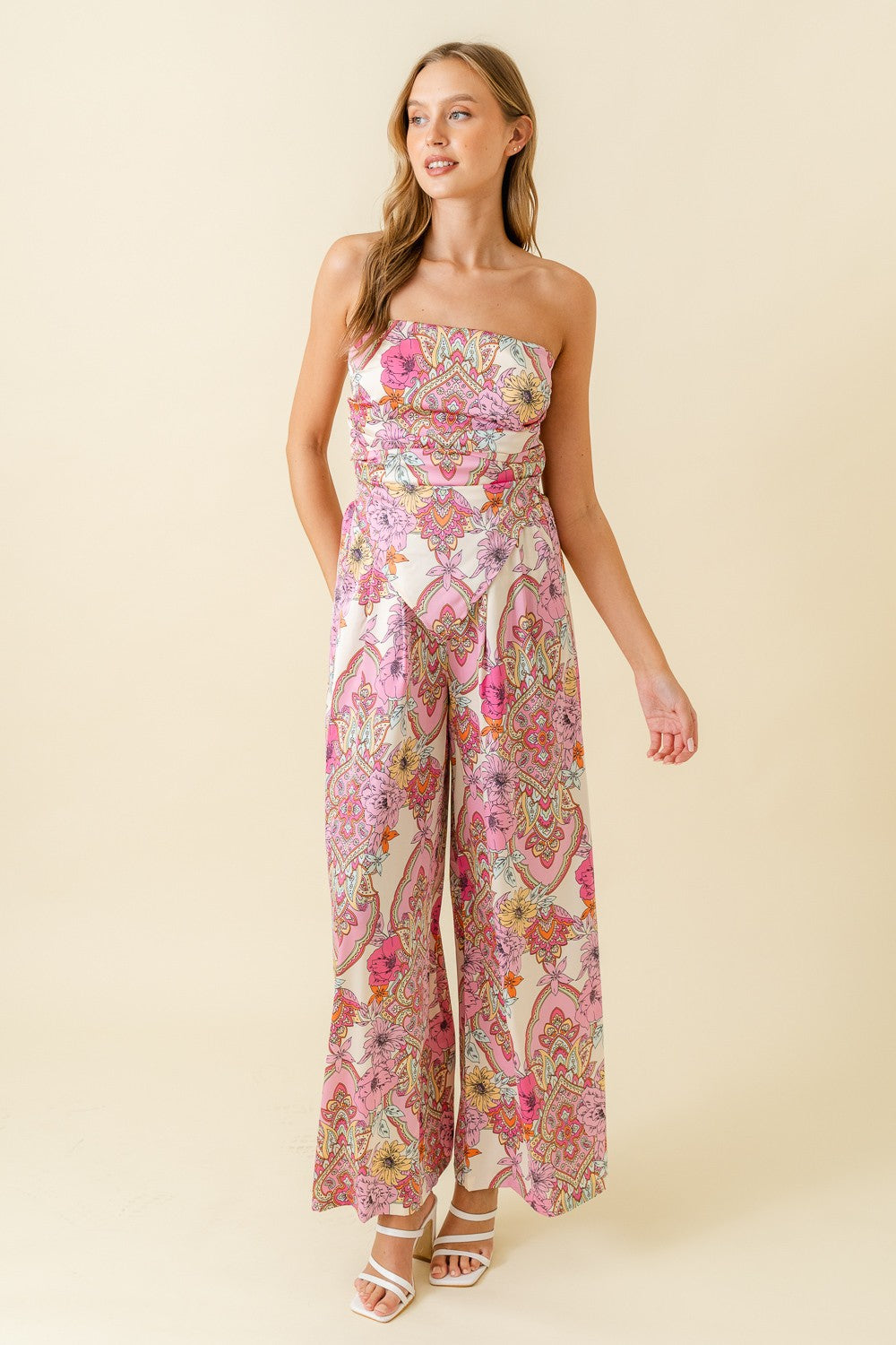 satin floral scarf print wide leg pants