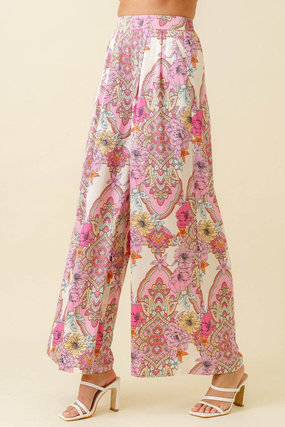 satin floral scarf print wide leg pants