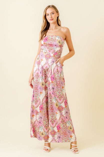 satin floral scarf print wide leg pants