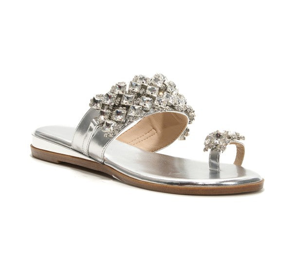 metallic rhinestone strap & toe ring flat sandals