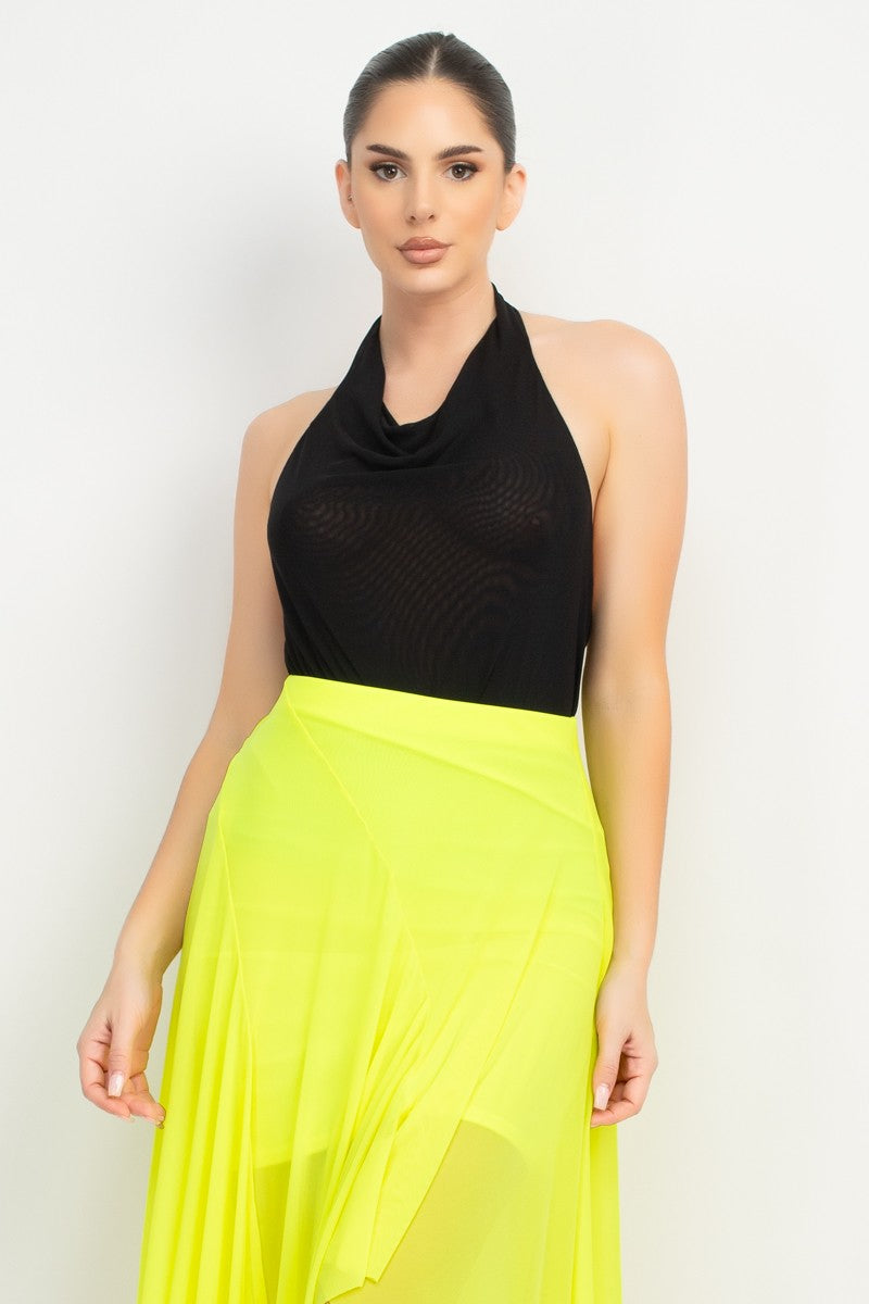 mesh cowl neck halter top