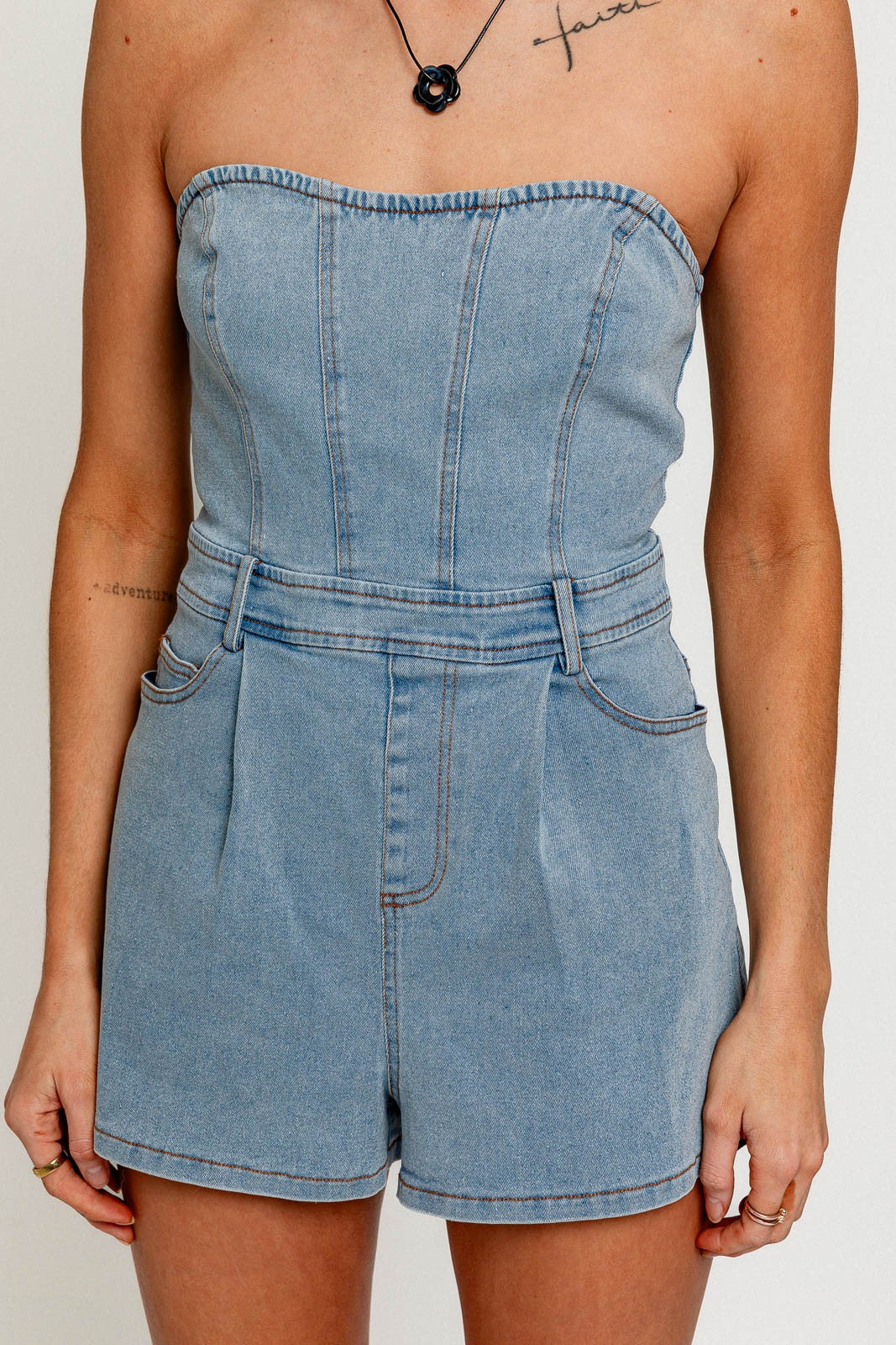 strapless denim romper