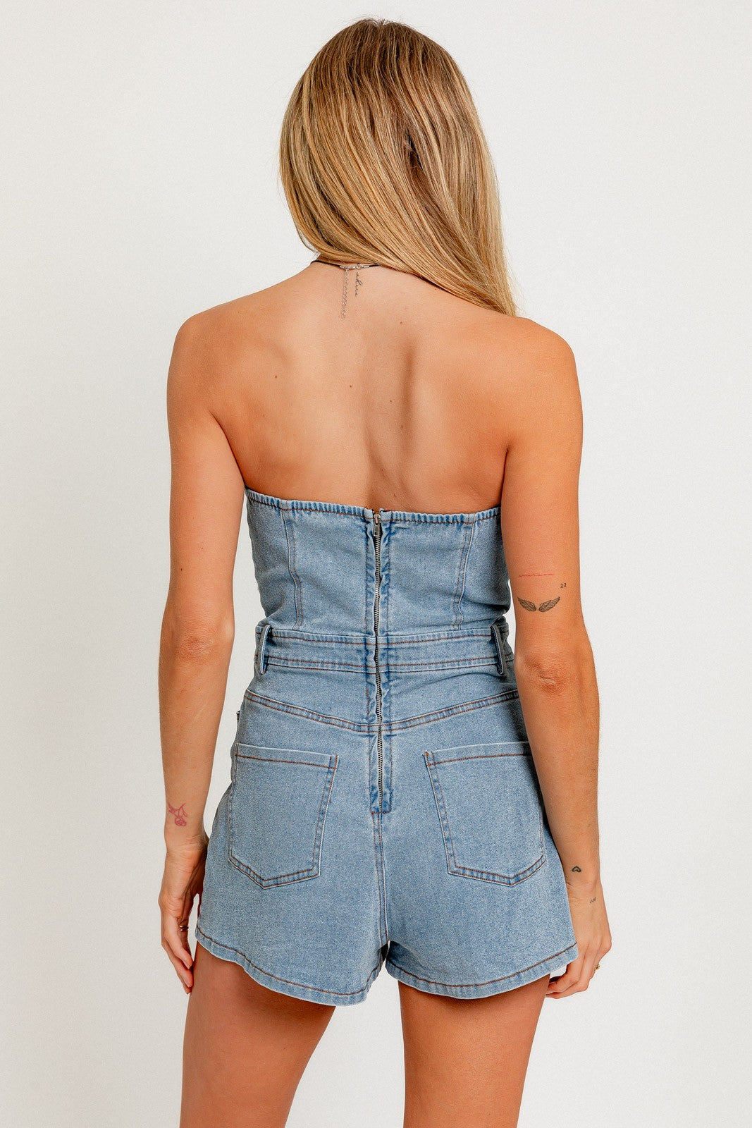 strapless denim romper