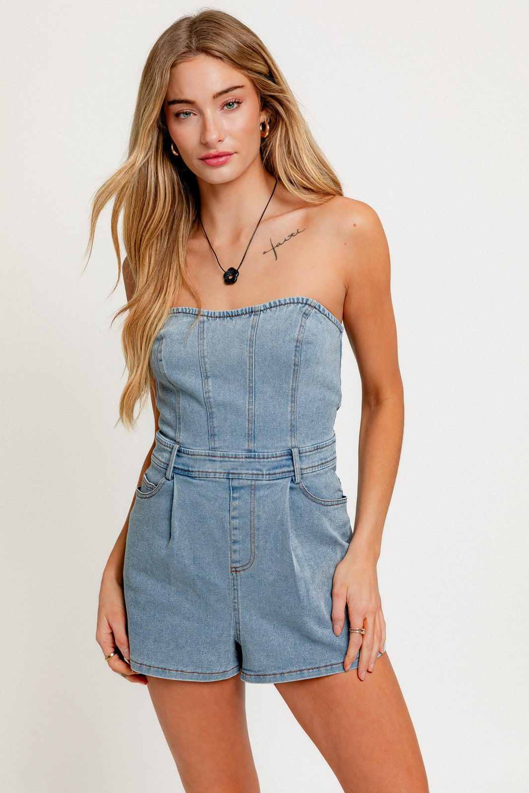 strapless denim romper