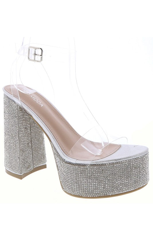 clear strap rhinestone block heel platform shoe