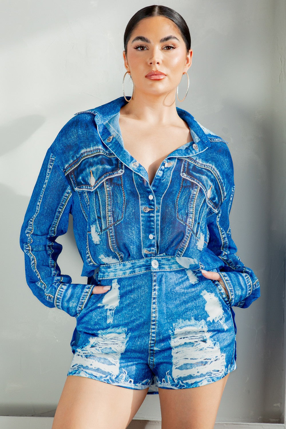 Denim effect print chiffon blouse