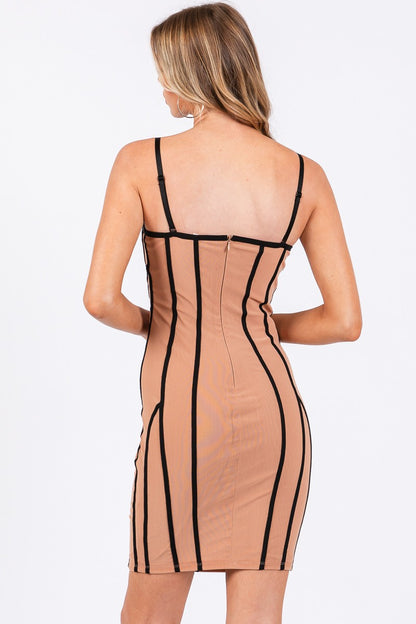 sleeveless contrast trim mesh corset dress