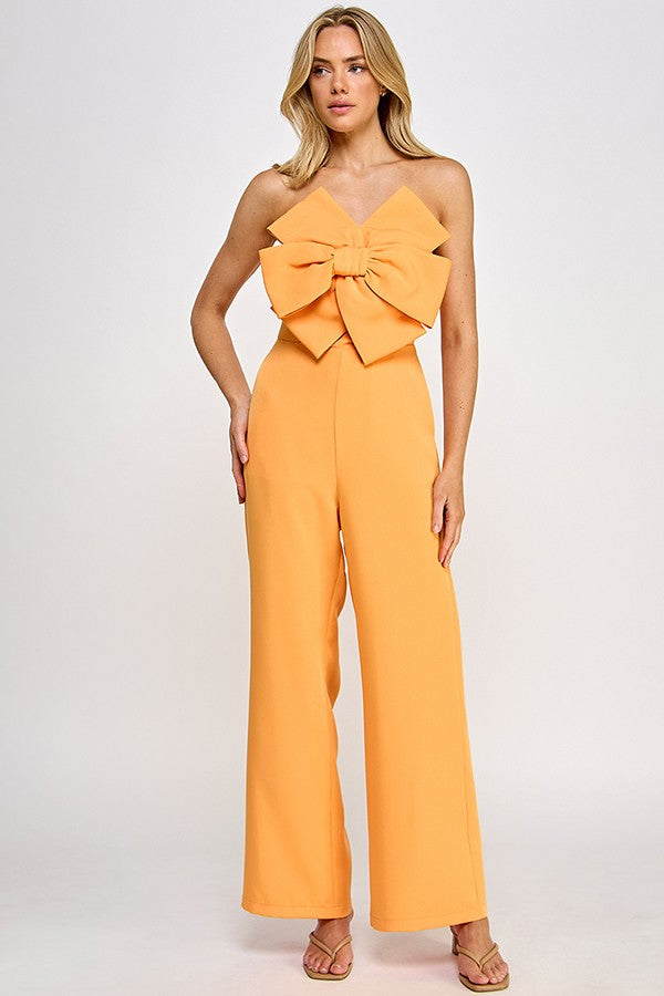 bow front jumpsuit with optional straps