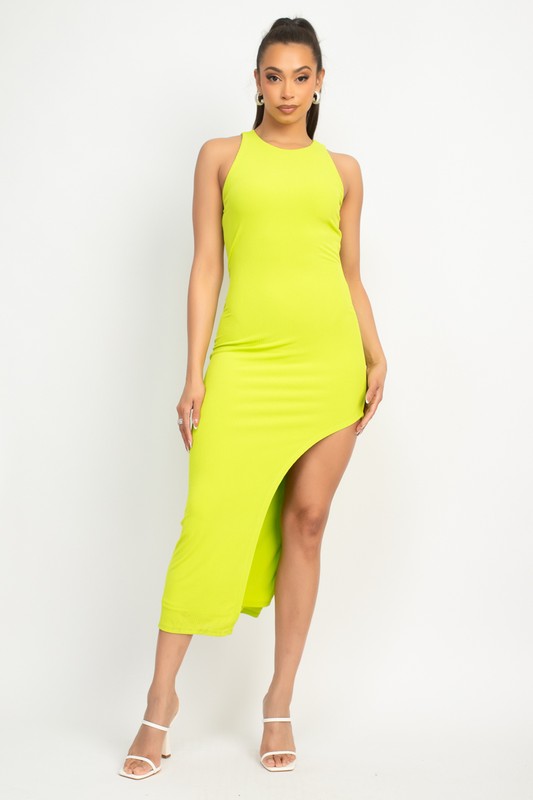 Diagonal Hem Rib Sleeveless Dress