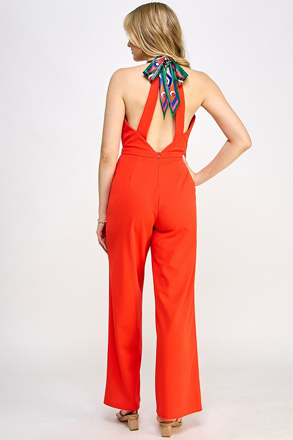 scarf tie halter sleeveless jumpsuit