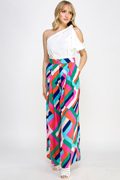 Printed Wide Leg Belted Pants