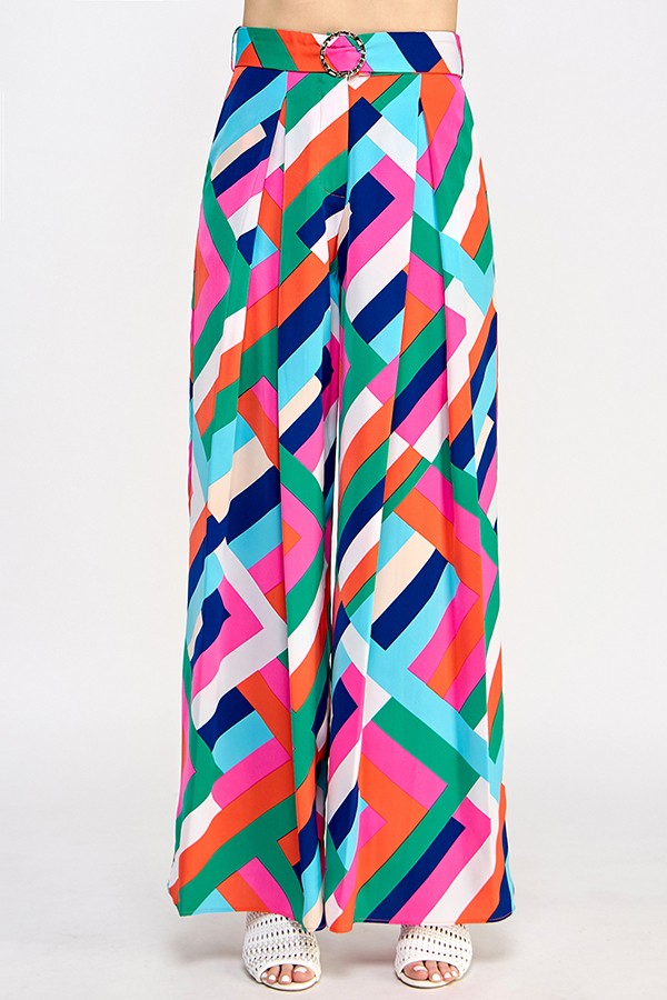 Printed Wide Leg Belted Pants