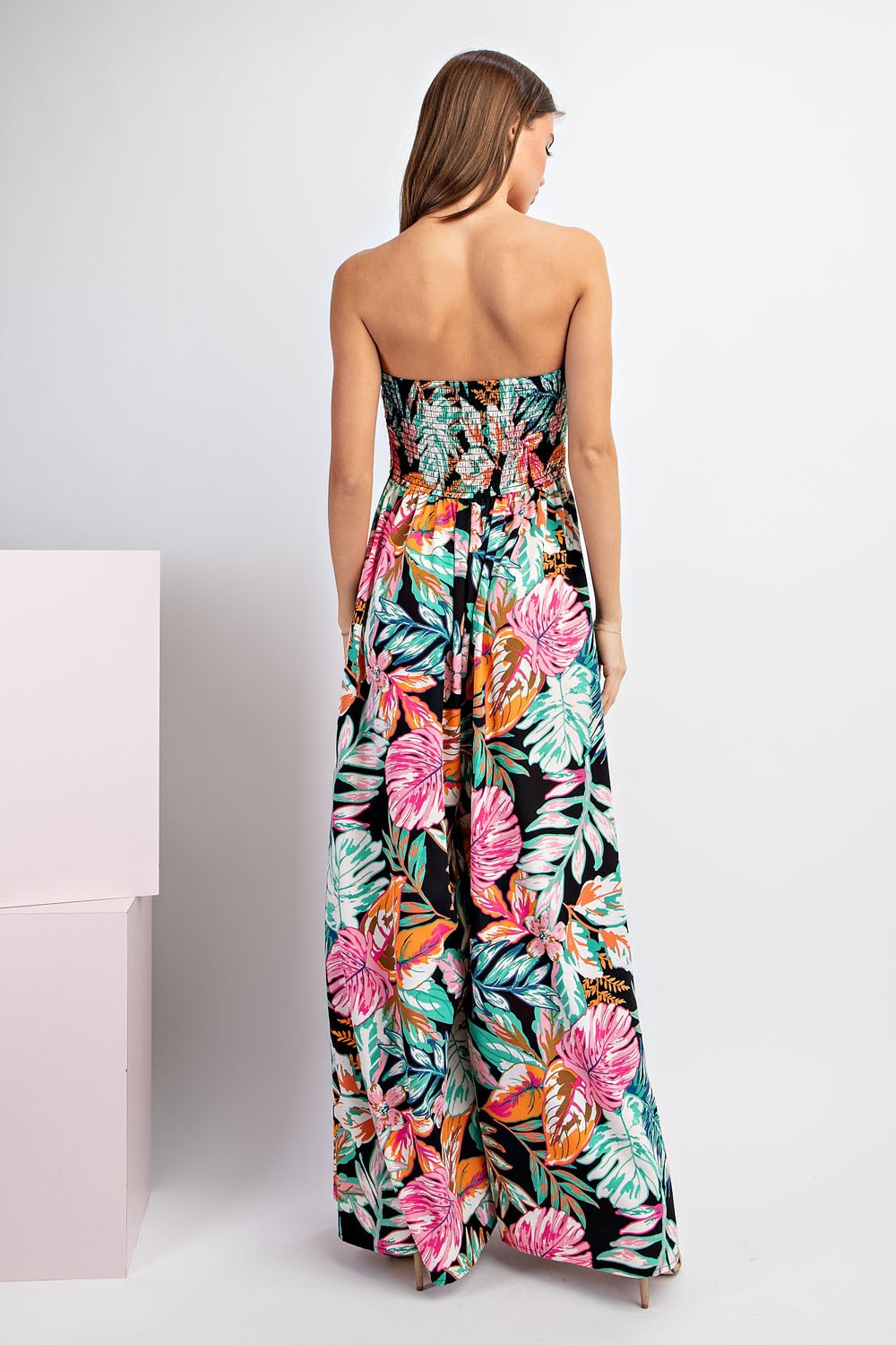 tropical strapless jumpsuit