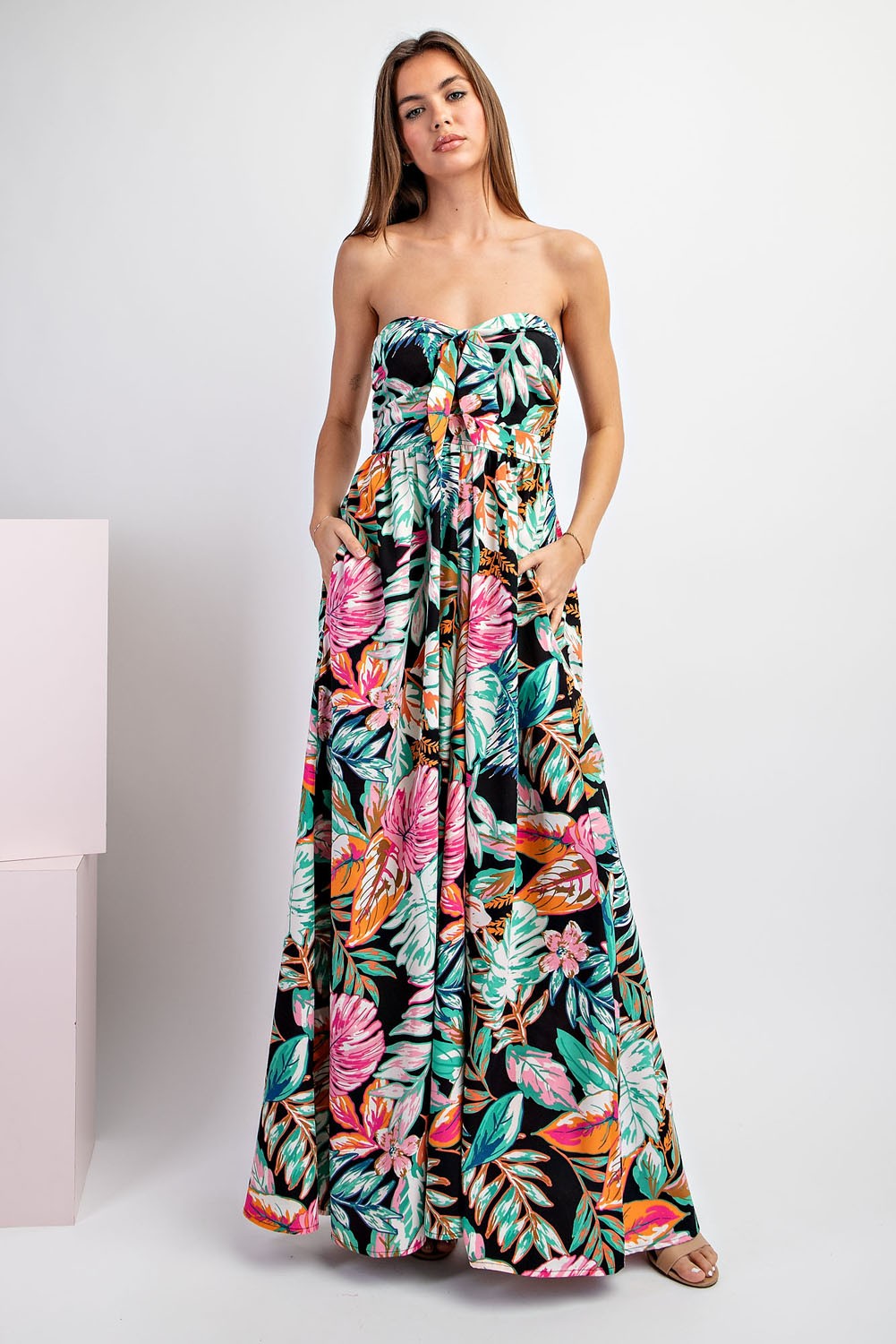 tropical strapless jumpsuit