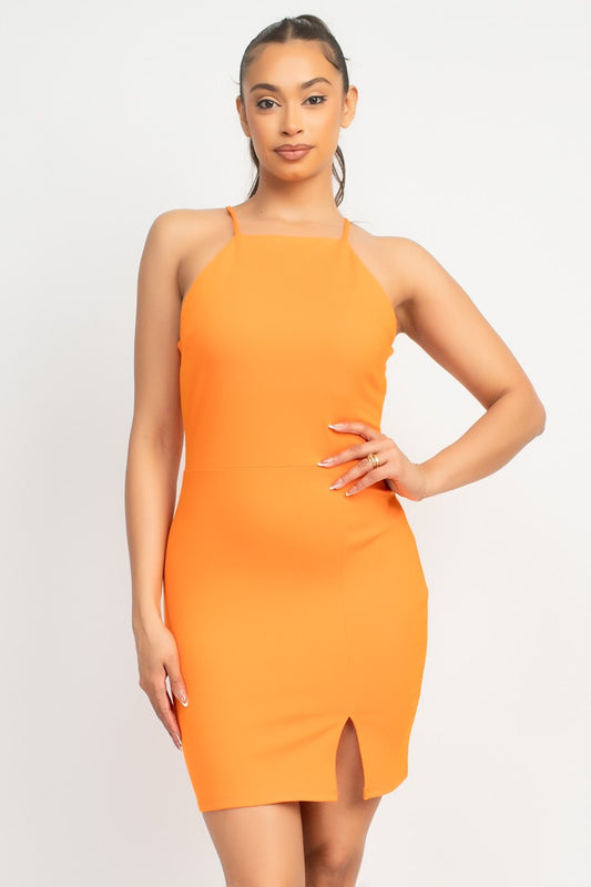 Halter Front Slit Ponte Bodycon Dress