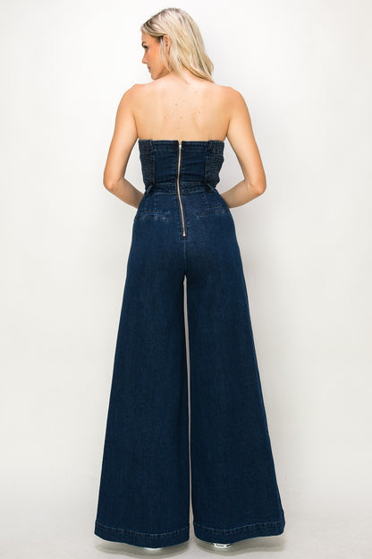 strapless wide leg denim jumpsuit