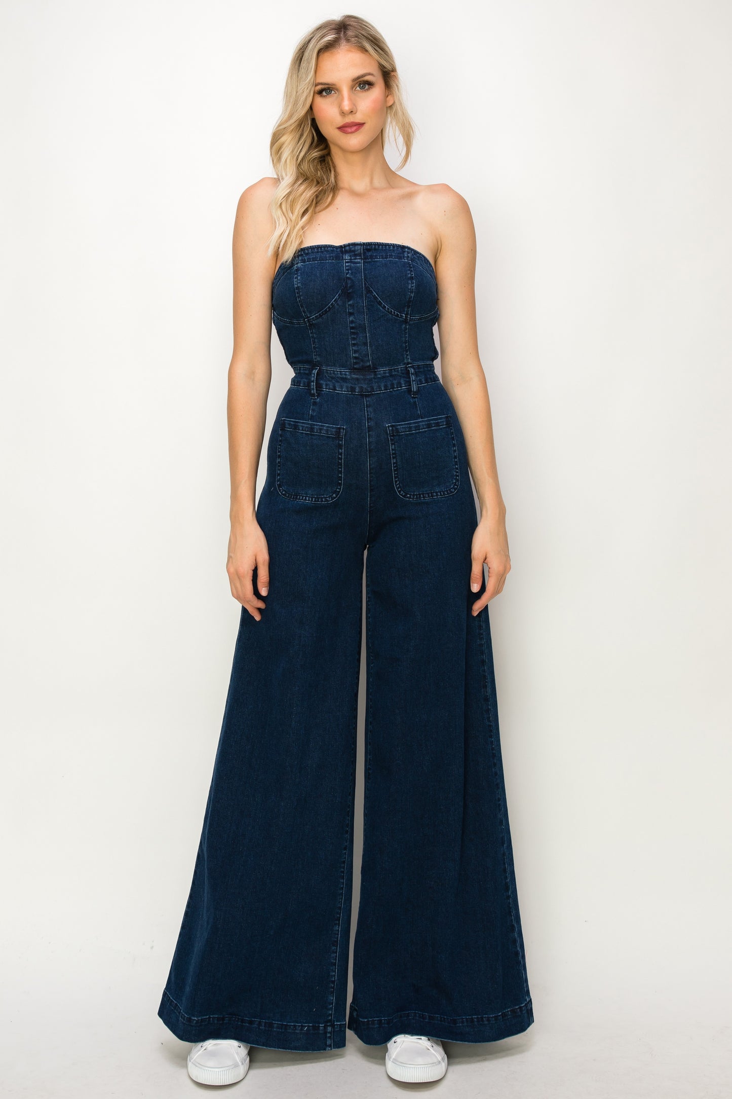 strapless wide leg denim jumpsuit