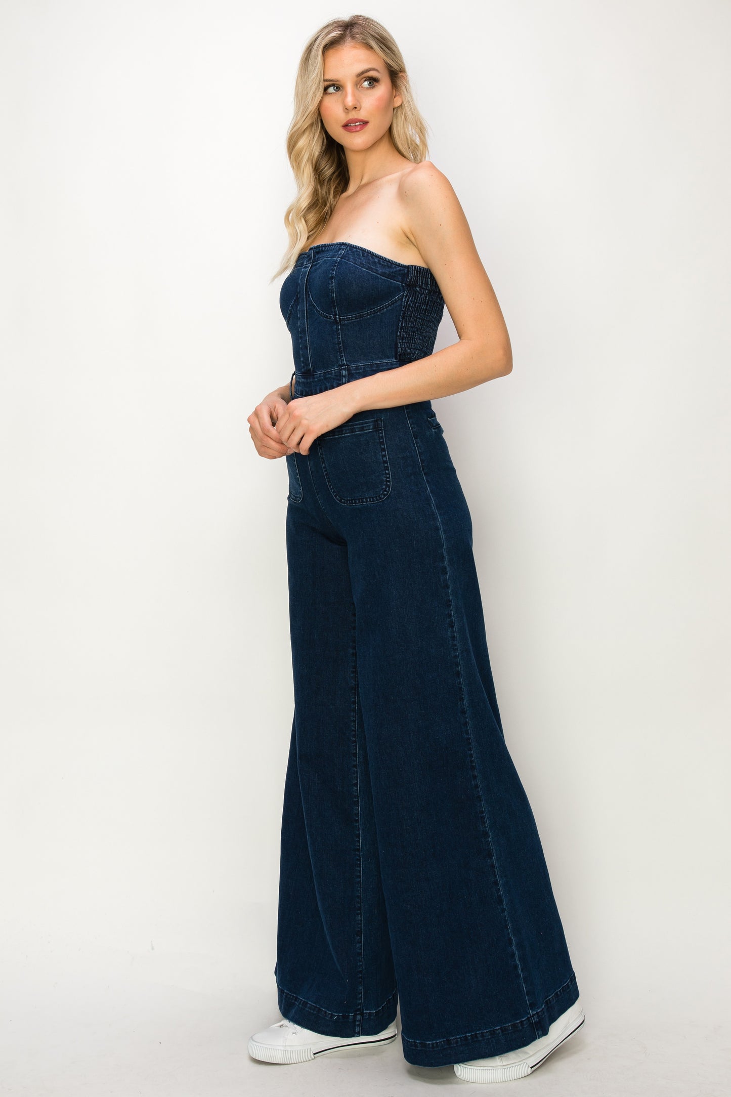 strapless wide leg denim jumpsuit