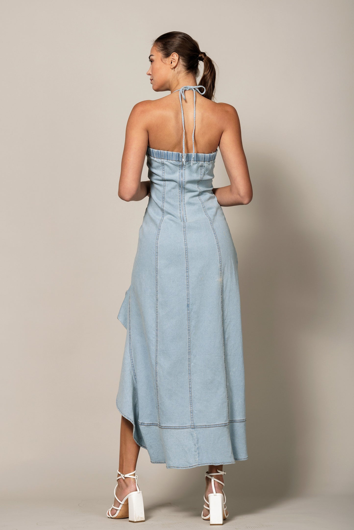 Denim ruffled hi-low halter dress