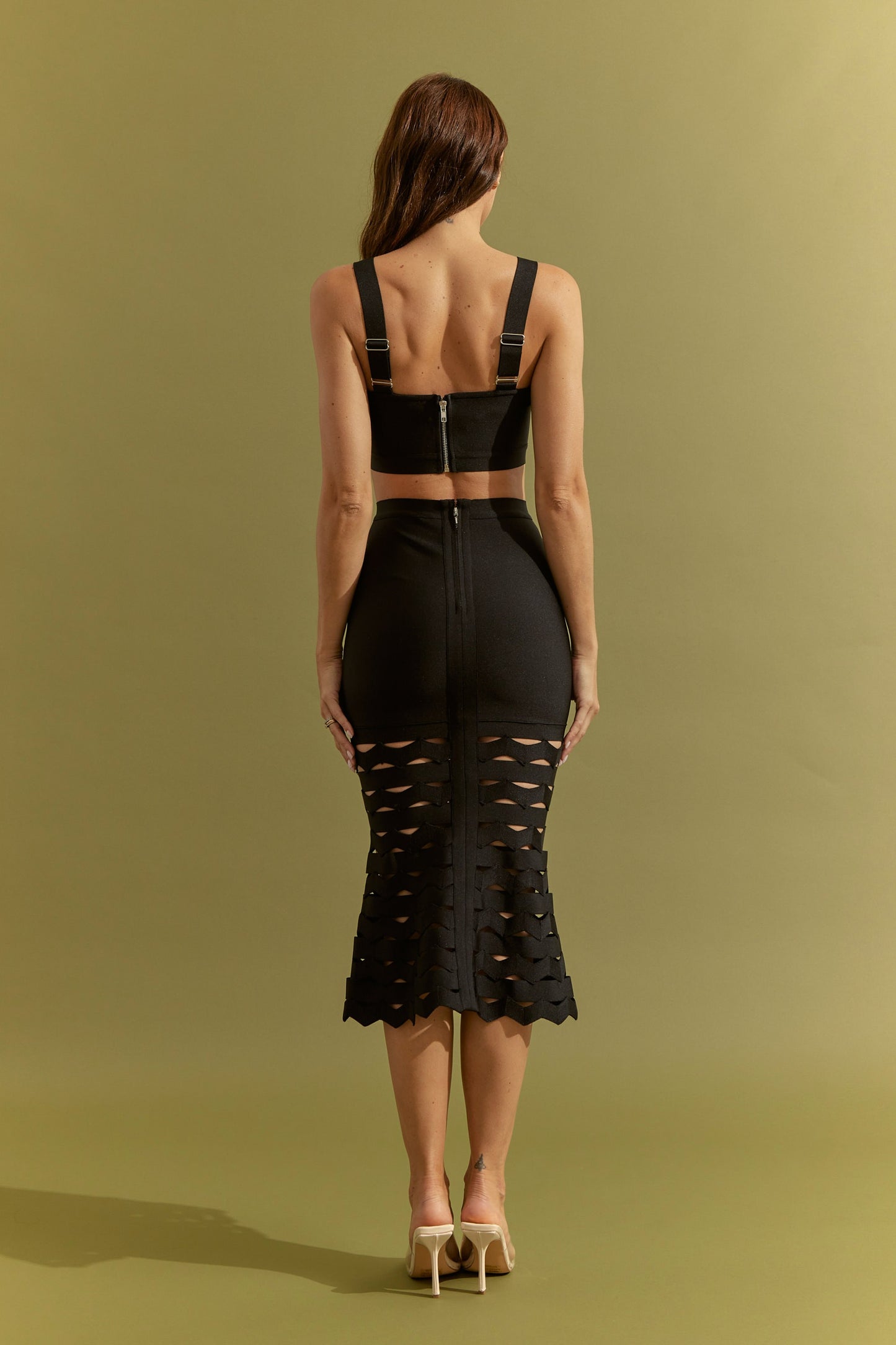 2pc set-Bandage crop top & cutouts midi skirt