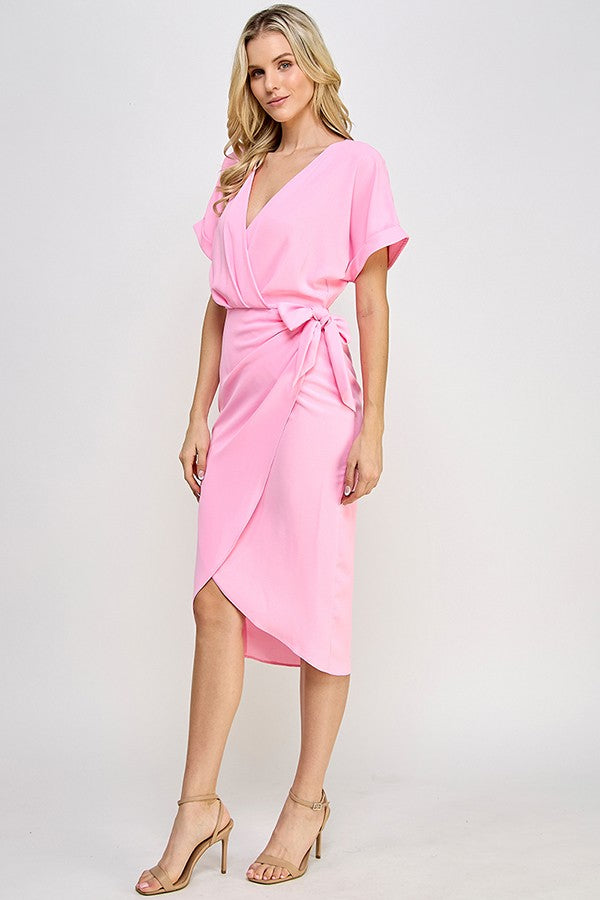 Dolman Sleeve Surplice Wrap Front Midi Dress