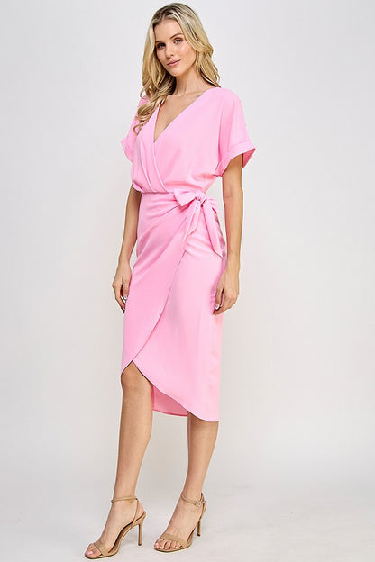 Dolman Sleeve Surplice Wrap Front Midi Dress