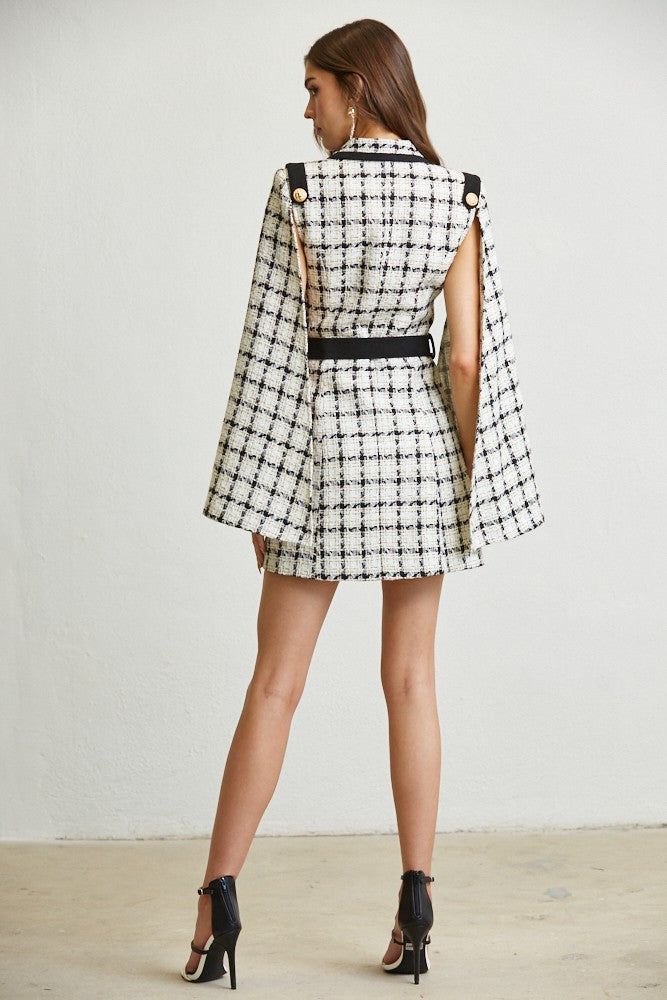 plaid tweed cape belted dress