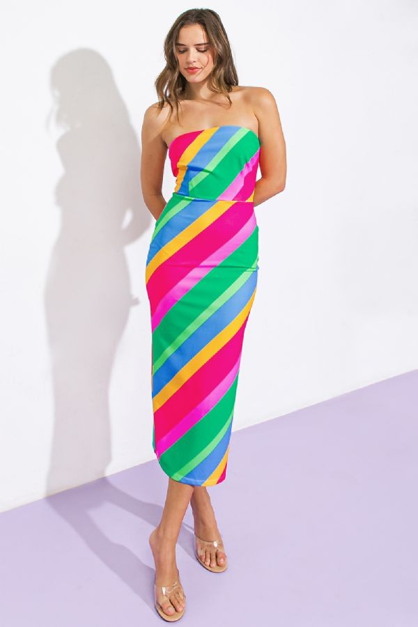 strapless diagonal stripe midi dress