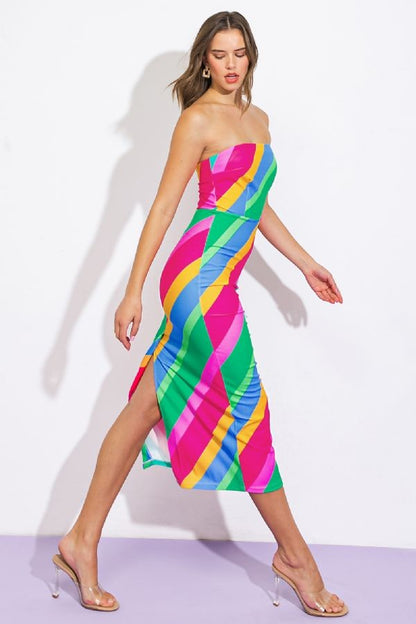 strapless diagonal stripe midi dress