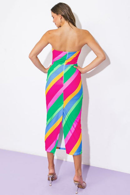 strapless diagonal stripe midi dress