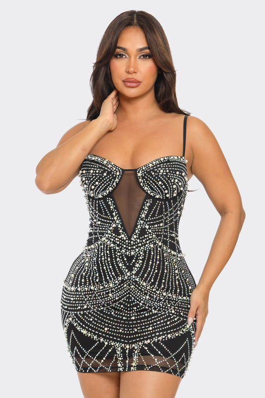 rhinestone & pearl sleeveless mini dress