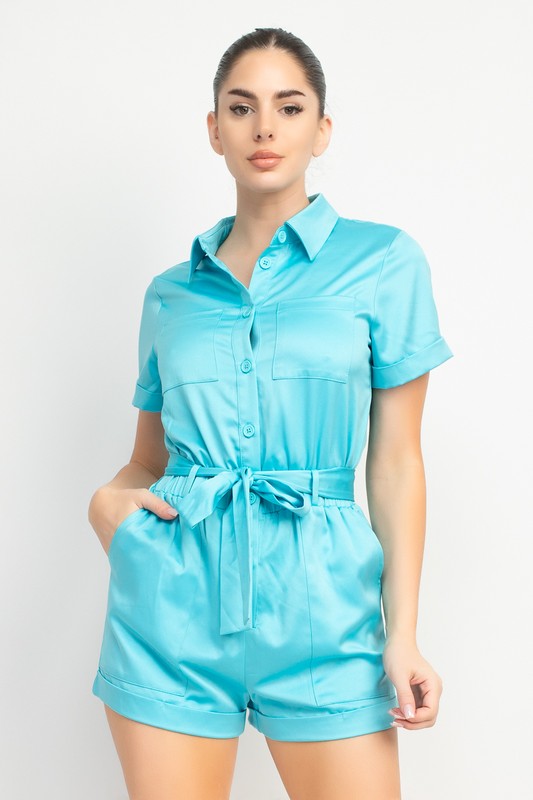 Satin Button Down Short Sleeve Romper