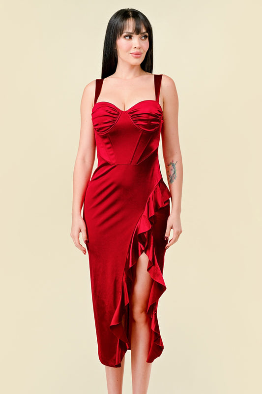 satin bustier ruffle midi dress