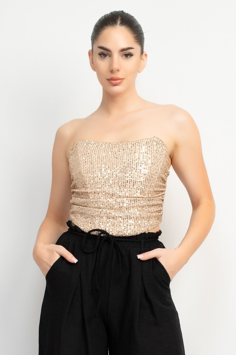 Shirred Sequin Strapless Top