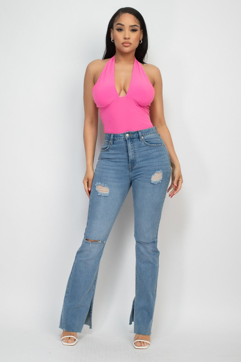 Plunge Halter Neck Solid Bodysuit