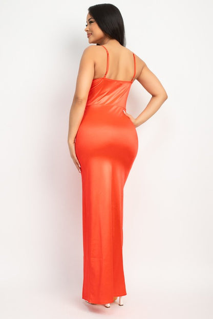 Satin Sweetheart Slit Bodycon Maxi Dress