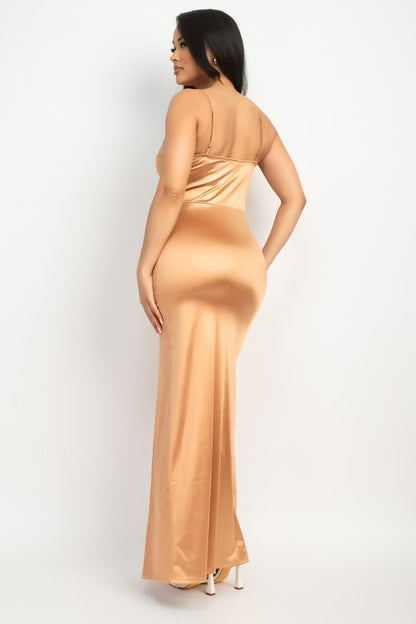 Satin Sweetheart Slit Bodycon Maxi Dress