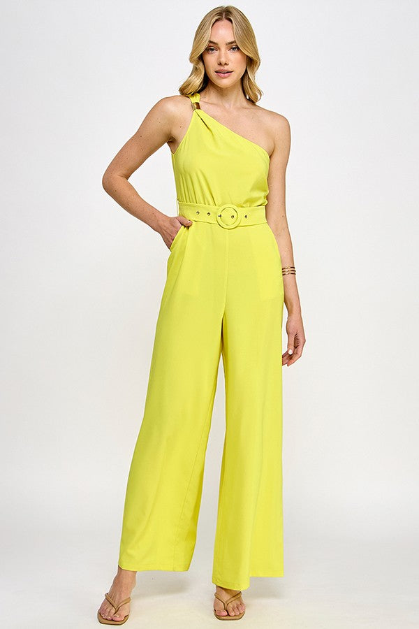 one shoulder belted jumpsuit